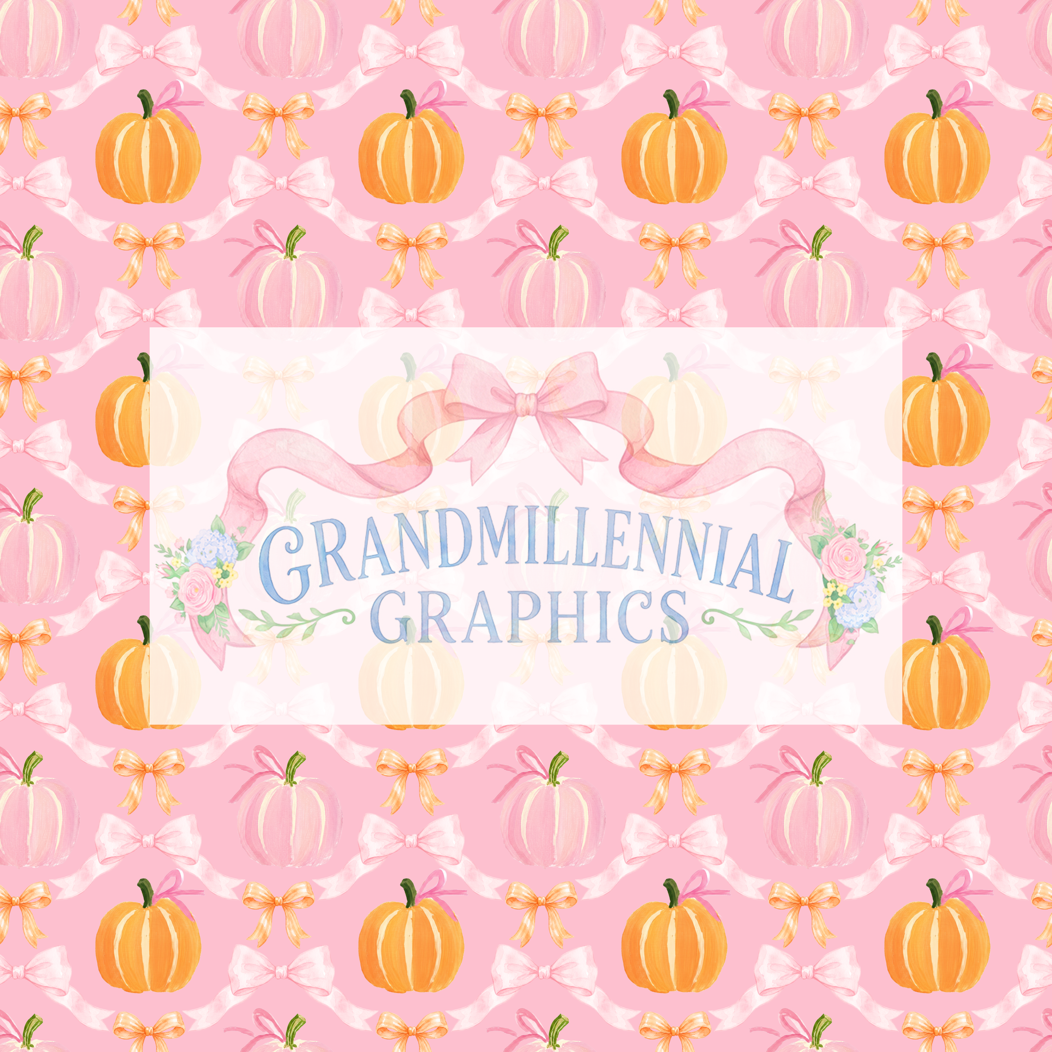Pink & Orange Pumpkins & Bows Seamless Pattern