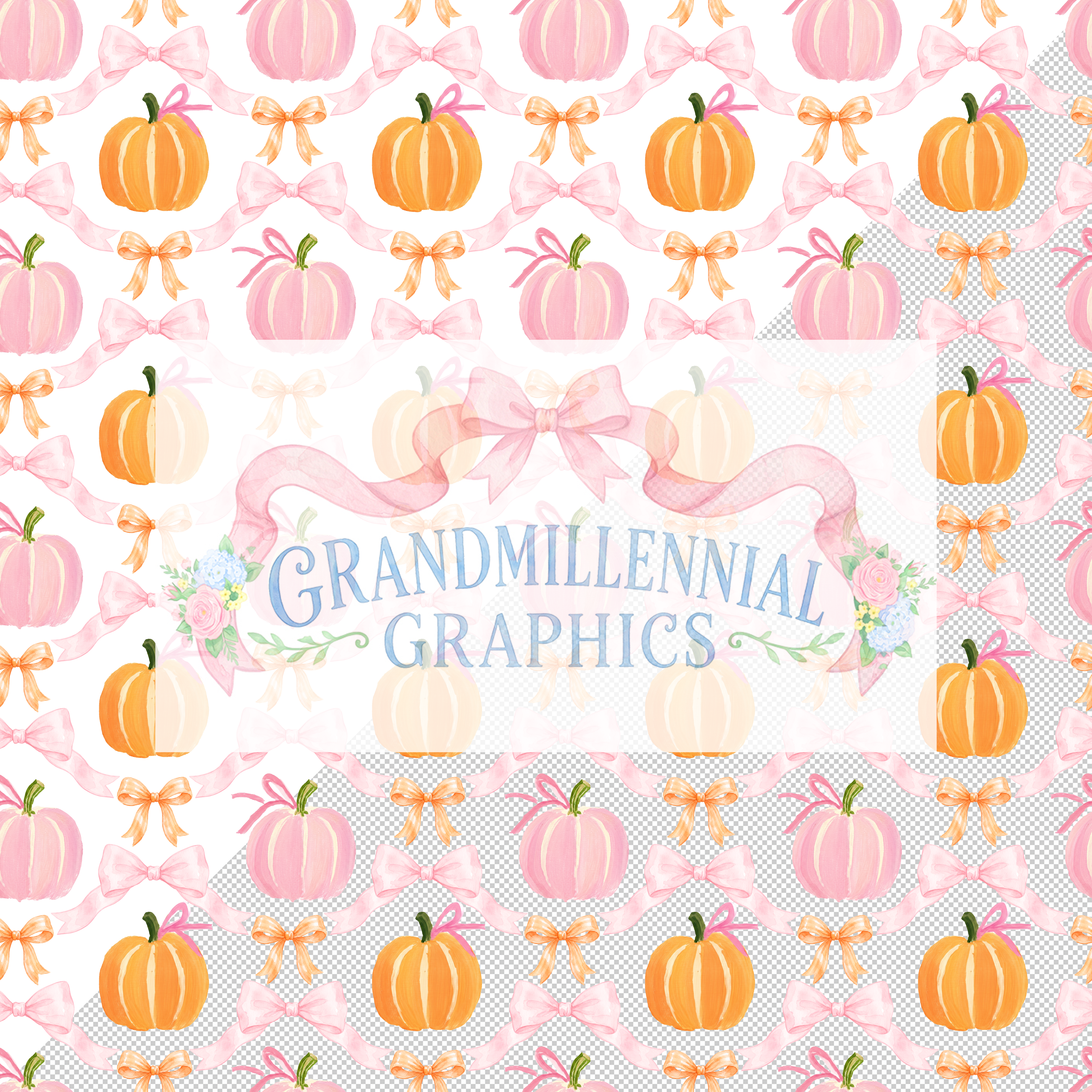 Pink & Orange Pumpkins & Bows Seamless Pattern
